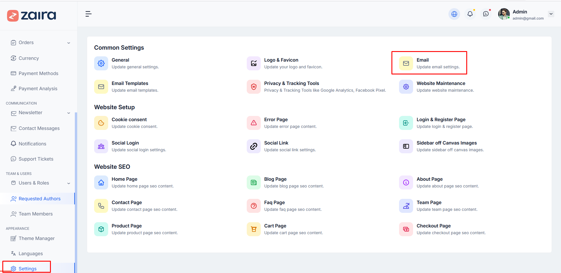 Email settings overview page