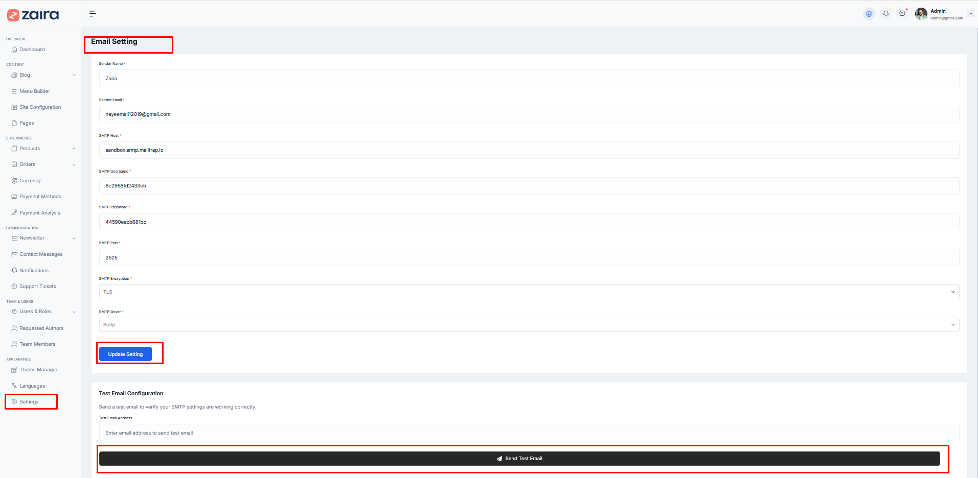 Email settings configuration form